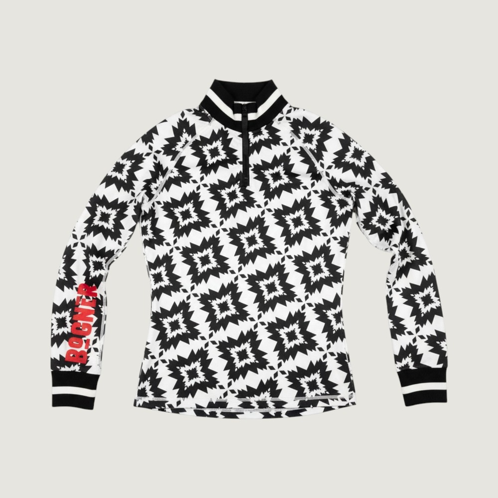 Bogner Womens First Layer Ski Top Black White Geometric Star Quarter Zip Small